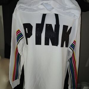 PINK Victoria's Secret White Hooded Pullover with Rainbow Stripes
